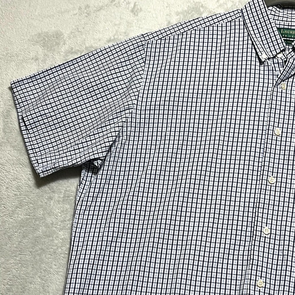 Lauren Ralph Lauren Mens L Short Sleeve Shirt Blue Check Plaid Crest Logo Cotton - Picture 4 of 7